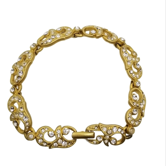 VINTAGE SATIN GOLDTONE & CRYSTAL FILIGREE DESIGN TENNIS BRACELET - Picture 3 of 7